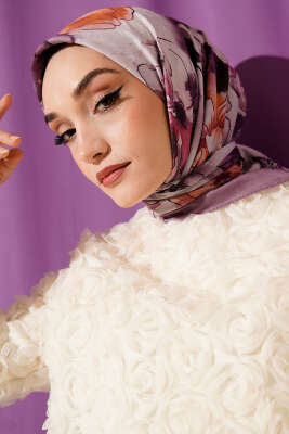 Ebruli Çiçekli Bambu Kraş Eşarp Lila - Başörtüsü