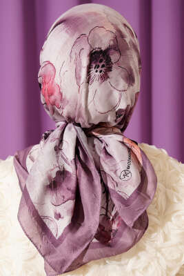 Ebruli Çiçekli Bambu Kraş Eşarp Lila - Başörtüsü