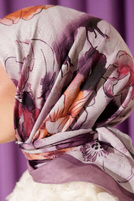 Ebruli Çiçekli Bambu Kraş Eşarp Lila - Başörtüsü