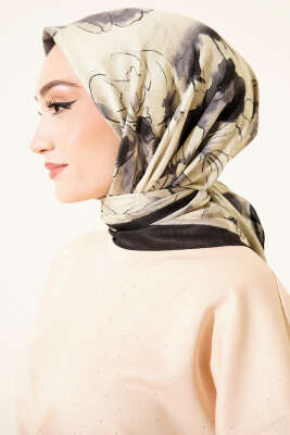 Ebruli Çiçekli Bambu Kraş Eşarp Siyah - Başörtüsü