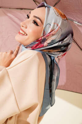 Ebruli Çiçekli Bambu Kraş Eşarp Soft Mavi - MODA KAŞMİR