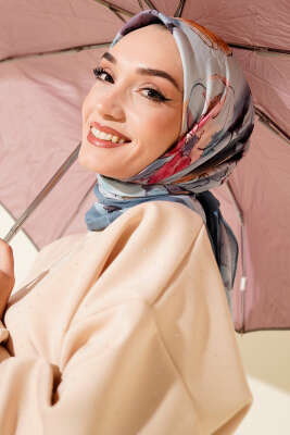 Ebruli Çiçekli Bambu Kraş Eşarp Soft Mavi - Başörtüsü