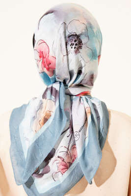 Ebruli Çiçekli Bambu Kraş Eşarp Soft Mavi - Başörtüsü