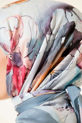 Ebruli Çiçekli Bambu Kraş Eşarp Soft Mavi - Başörtüsü