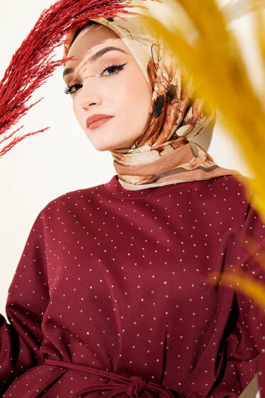 Ebruli Çiçekli Bambu Kraş Eşarp Taba - Başörtüsü