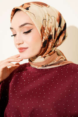 Ebruli Çiçekli Bambu Kraş Eşarp Taba - Başörtüsü