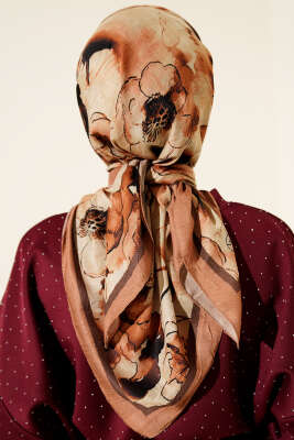 Ebruli Çiçekli Bambu Kraş Eşarp Taba - Başörtüsü