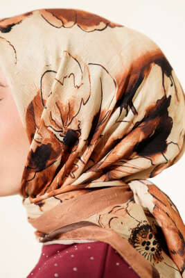 Ebruli Çiçekli Bambu Kraş Eşarp Taba - Başörtüsü