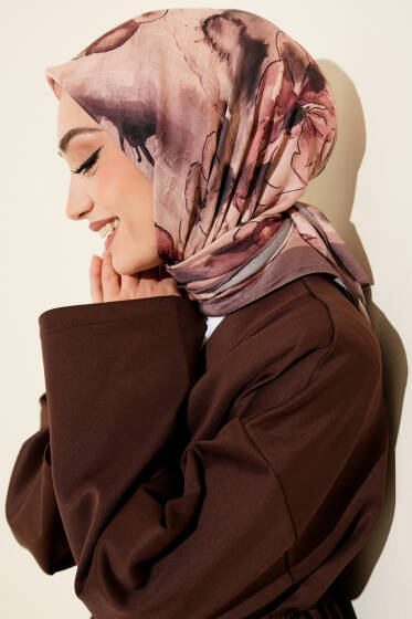 Ebruli Çiçekli Bambu Kraş Eşarp Vizon - Başörtüsü