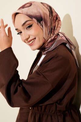 Ebruli Çiçekli Bambu Kraş Eşarp Vizon - Başörtüsü