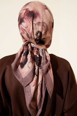 Ebruli Çiçekli Bambu Kraş Eşarp Vizon - Başörtüsü