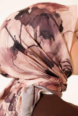 Ebruli Çiçekli Bambu Kraş Eşarp Vizon - Başörtüsü