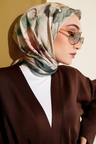 Ebruli Çiçekli Bambu Kraş Eşarp Zümrüt - Başörtüsü