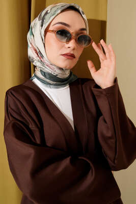 Ebruli Çiçekli Bambu Kraş Eşarp Zümrüt - Başörtüsü