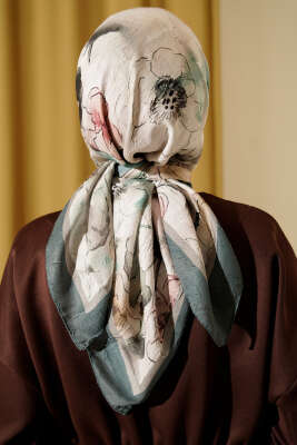 Ebruli Çiçekli Bambu Kraş Eşarp Zümrüt - Başörtüsü