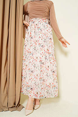 Ebruli Çiçekli Tül Etek Bej - FİXAY