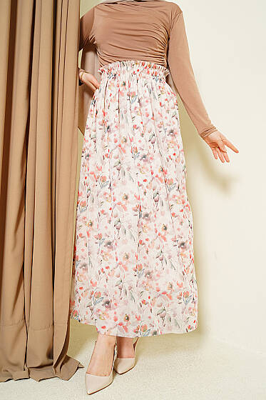 Ebruli Çiçekli Tül Etek Bej - Etek