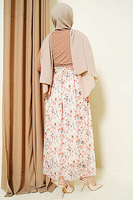 Ebruli Çiçekli Tül Etek Bej - Etek