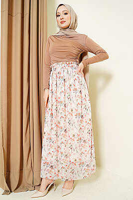 Ebruli Çiçekli Tül Etek Bej - Etek