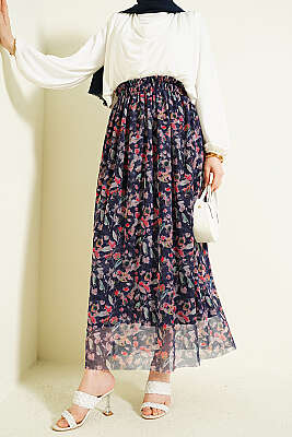 Ebruli Çiçekli Tül Etek Lacivert - FİXAY