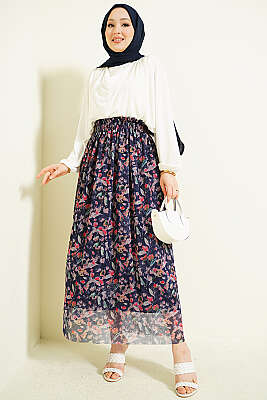 Ebruli Çiçekli Tül Etek Lacivert - Etek