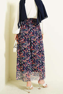 Ebruli Çiçekli Tül Etek Lacivert - Etek