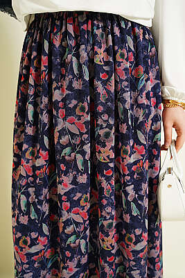 Ebruli Çiçekli Tül Etek Lacivert - Etek