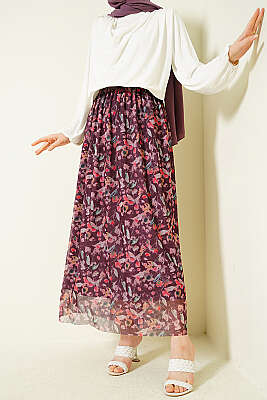 Ebruli Çiçekli Tül Etek Mürdüm - FİXAY