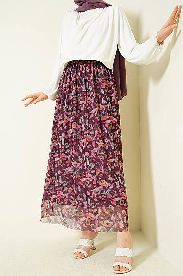 Ebruli Çiçekli Tül Etek Mürdüm - Etek