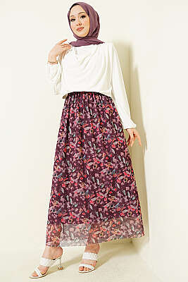 Ebruli Çiçekli Tül Etek Mürdüm - Etek