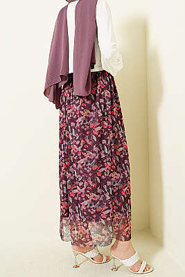 Ebruli Çiçekli Tül Etek Mürdüm - Etek