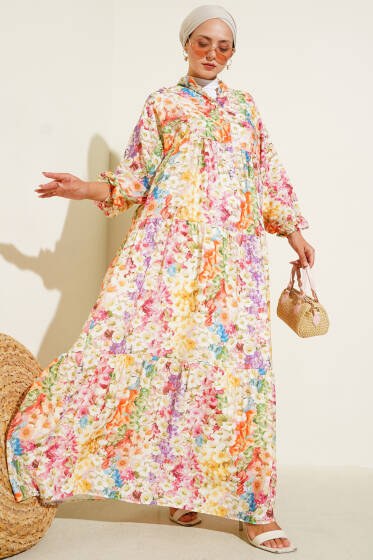 Ebruli Çiçekli Yarım Düğmeli Elbise Gökkuşağı - Elbise