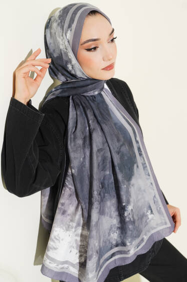Ebruli Desen Bambu Kraş Şal Gri - Başörtüsü