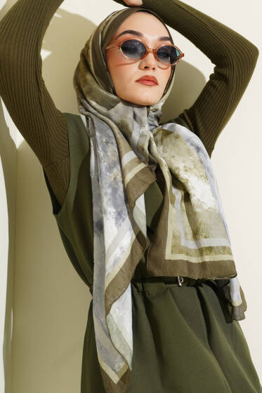 Ebruli Desen Bambu Kraş Şal Haki - Başörtüsü