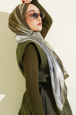 Ebruli Desen Bambu Kraş Şal Haki - Başörtüsü