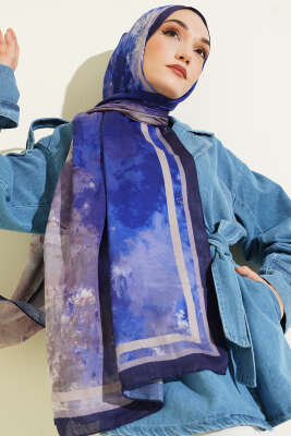 Ebruli Desen Bambu Kraş Şal Lacivert - MODA KAŞMİR