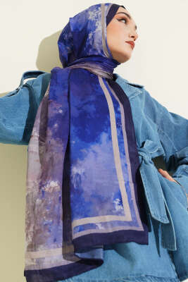 Ebruli Desen Bambu Kraş Şal Lacivert - Başörtüsü