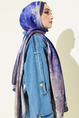 Ebruli Desen Bambu Kraş Şal Lacivert - Başörtüsü