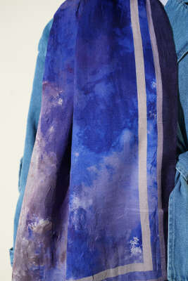 Ebruli Desen Bambu Kraş Şal Lacivert - Başörtüsü