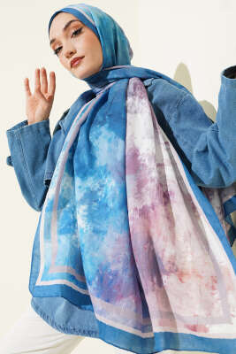 Ebruli Desen Bambu Kraş Şal Soft Mavi - Başörtüsü