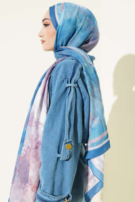 Ebruli Desen Bambu Kraş Şal Soft Mavi - Başörtüsü