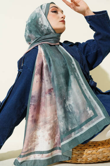Ebruli Desen Bambu Kraş Şal Zümrüt - Başörtüsü