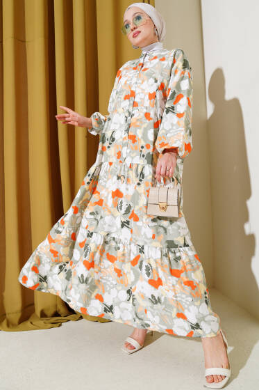 Ebruli Desen Hakim Yaka Tencel Elbise Çağla Yeşili - Elbise