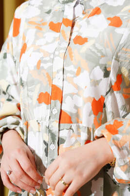 Ebruli Desen Hakim Yaka Tencel Elbise Çağla Yeşili - Tesettür Elbise