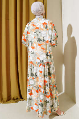 Ebruli Desen Hakim Yaka Tencel Elbise Çağla Yeşili - Tesettür Elbise