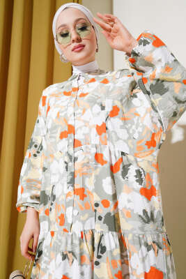 Ebruli Desen Hakim Yaka Tencel Elbise Çağla Yeşili - Tesettür Elbise