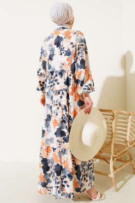 Ebruli Desen Hakim Yaka Tencel Elbise Füme - Tesettür Elbise