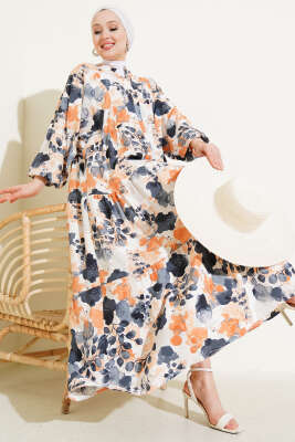 Ebruli Desen Hakim Yaka Tencel Elbise Füme 