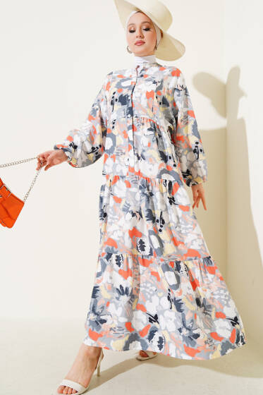 Ebruli Desen Hakim Yaka Tencel Elbise Gri - Elbise