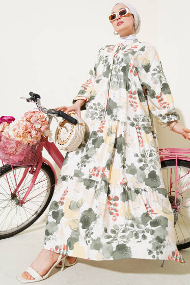 Ebruli Desen Hakim Yaka Tencel Elbise Haki - Elbise